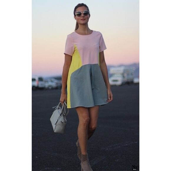 NWOT BlOGGER Fav SHEIN Pink, Yellow, Gray colorblocked dress - Picture 2 of 12
